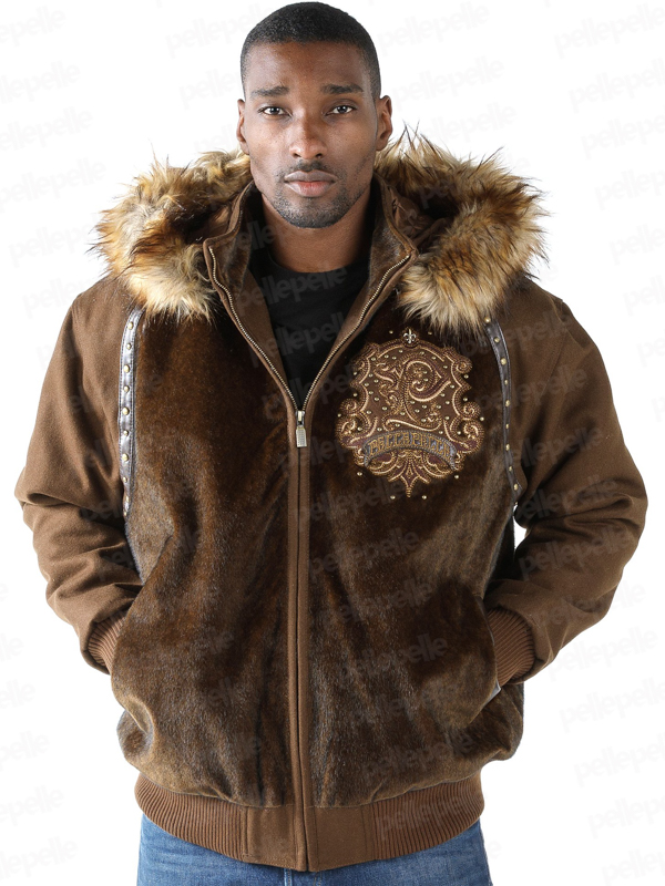 Pelle Pelle Mens 1978 Fur Hooded Brown Jacket