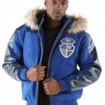 Pelle Pelle Mens Fur Hooded Blue Leather Jacket
