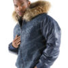 Pelle Pelle Mens Morroco Fur Hooded Blue Jacket