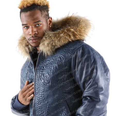 Pelle Pelle Mens Morroco Fur Hooded Blue Leather Jacket