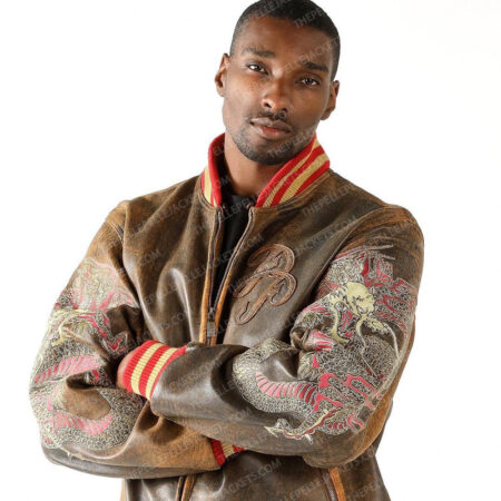 Pelle Pelle Mens New Varsity Bomber Asian Dragons Brown Jacket