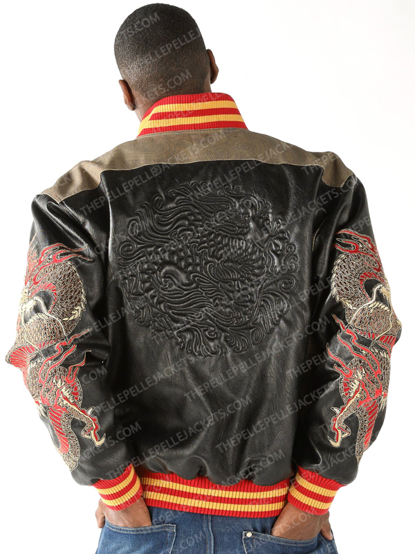 Pelle Pelle Mens New Varsity Bomber Asian Dragons Light Brown Leather Jacket