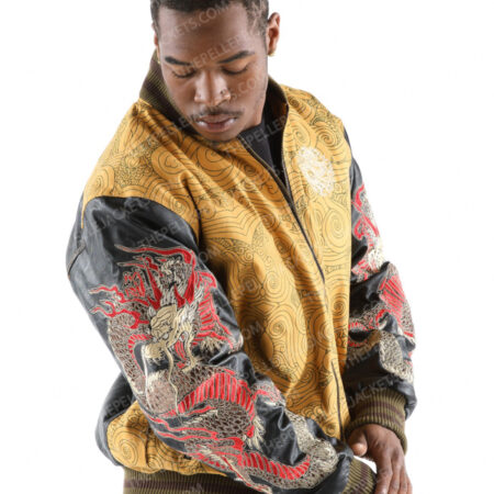 Pelle Pelle Mens New Varsity Bomber Asian Dragons Yellow Jacket