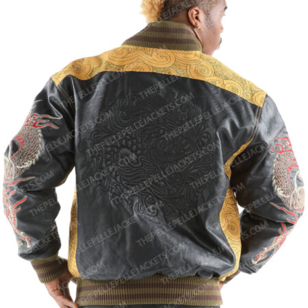 Pelle Pelle Mens New Varsity Bomber Yellow Asian Dragons Jacket