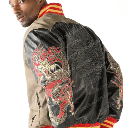 Pelle Pelle Mens New Varsity Light Brown Bomber Asian Dragons Jacket