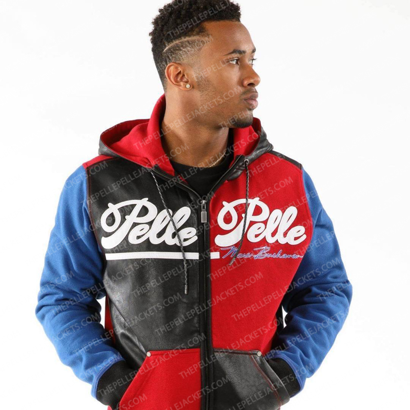 Pelle Pelle Mens Vintage Colorblock Red & Blue Hooded Wool Jacket