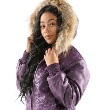 Pelle Pelle Womens Morroco Fur Hooded Purple Leather Jacket