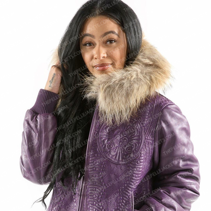 Pelle Pelle Womens Morroco Leather Fur Hooded Purple Jacket