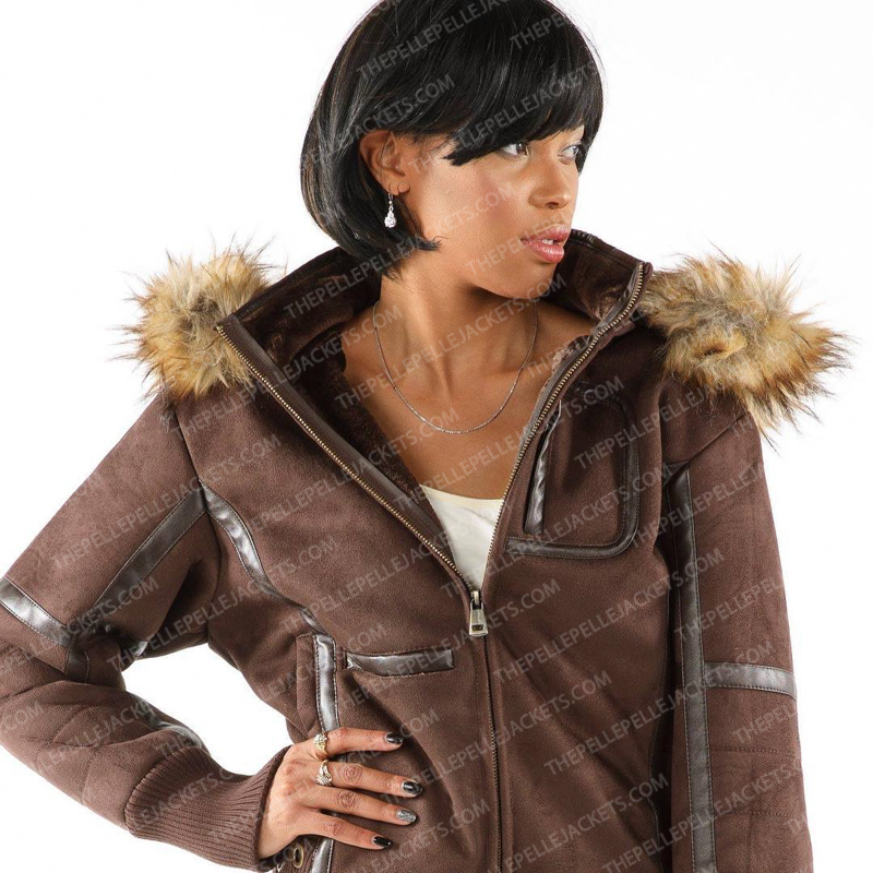 Pelle Pelle Womens Winged Fur Hooded Brown Wool Jacket