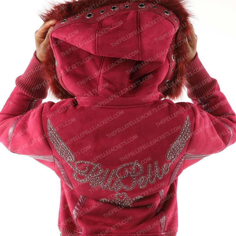 Pelle Pelle Womens Winged Fur Hooded Pink Wool Jacket