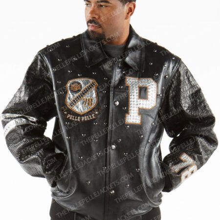 Pelle Pelle Studded Letterman Gator Black Leather Jacket