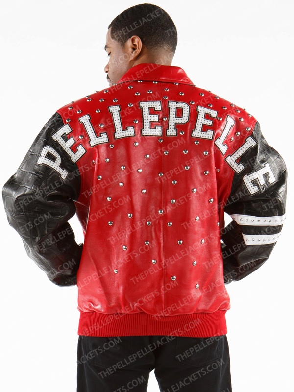 Pelle Pelle Studded Letterman Gator Red Leather Jacket