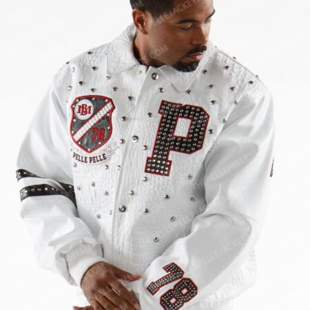 Pelle Pelle Studded Letterman Gator White Wool Jacket