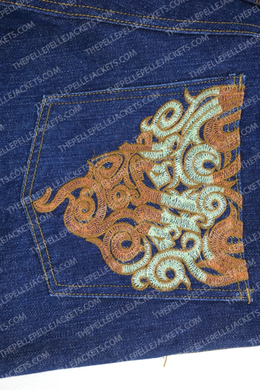 Pelle Pelle Vintage Hip Hop Embroidered Pockets Baggy Blue Jeans