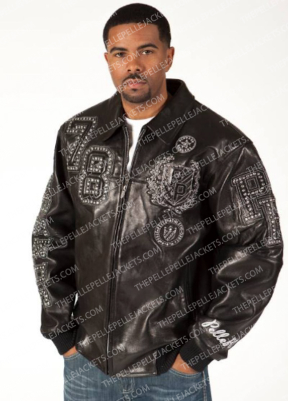 Pelle Pelle Encrusted Varsity Black Mens Luster Jacket